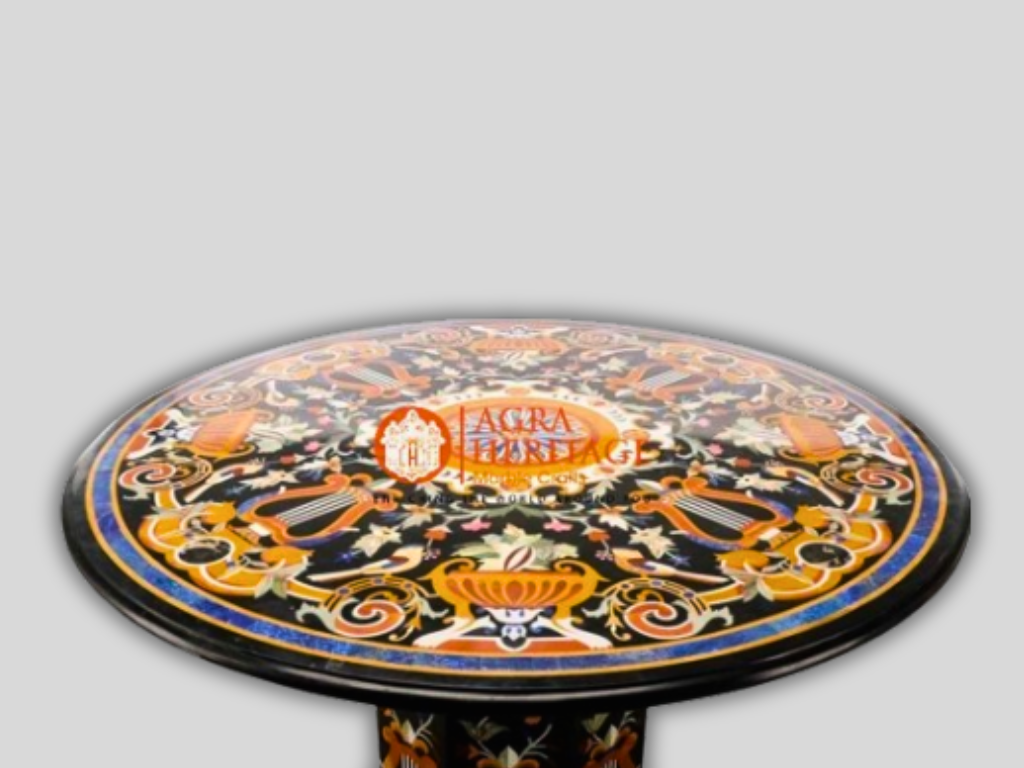 Marble Round Dining 29" Tall Base Table Top Pietra Dura Inlay